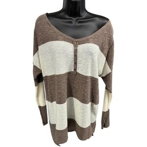 FP Beach Free People Brown Ivory Stripe Long Sleeve Henley Tunic XS